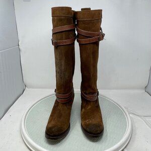 Frye Jane Boots Size 6.5 Strappy Suede Leather Round Toe Stacked Heel Boho